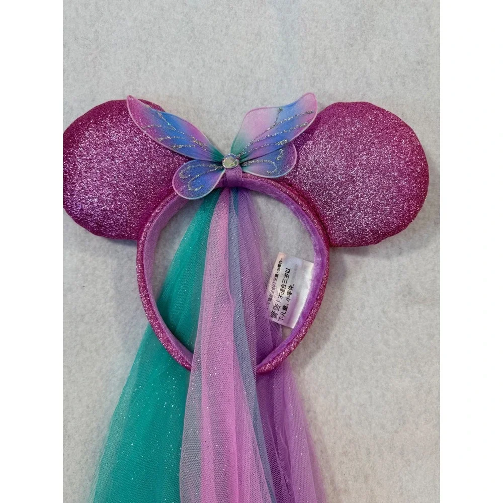 Disney Parks Minnie Mouse Pink Glitter Butterfly Fairy Ear Headband with Veil